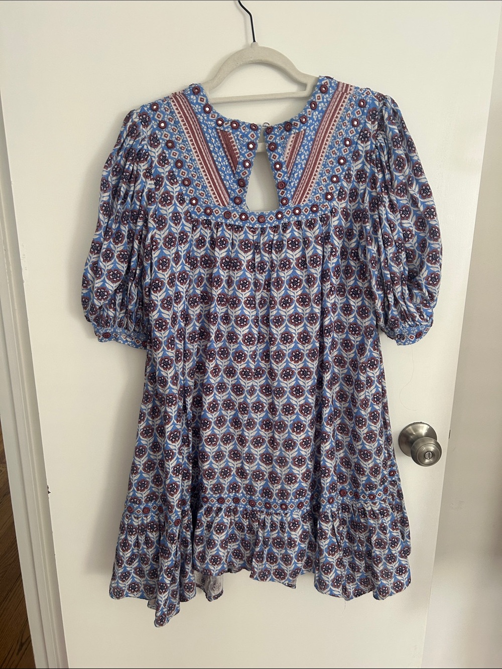 Anthropologie Maeve Light Blue Printed V-Neck Puff Sleeve Tunic - Picture 6 of 6